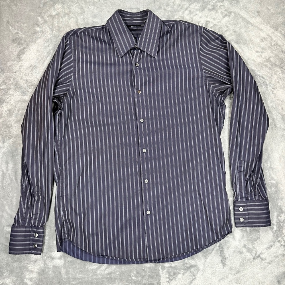 Hugo Boss Mens Navy Blue Pinstripe Herringbone Dress Shirt 15.5 34/35 Cotton